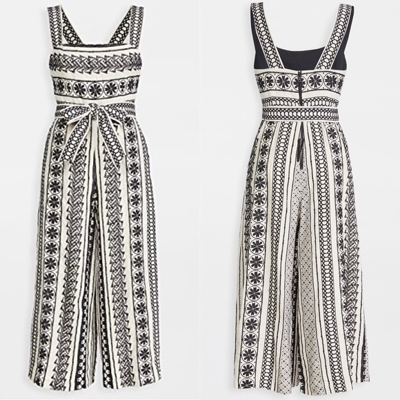 Alice + Olivia Lucie Gaucho Capri Embroidered Belted Wide Leg Capri Jumpsuit - 2 - Picture 1 of 7